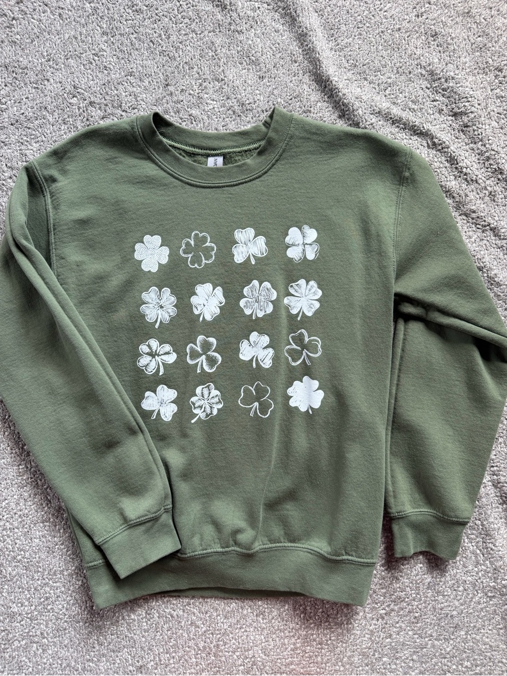 Olive Green Sweatshirt with White Clover Print